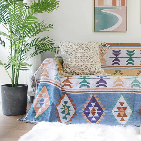 Aztec Cotton Knit Throw Blanket with Fringe