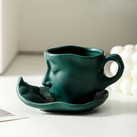 Sculptural Face Espresso Cup - Ceramic Coffee Cup & Saucer