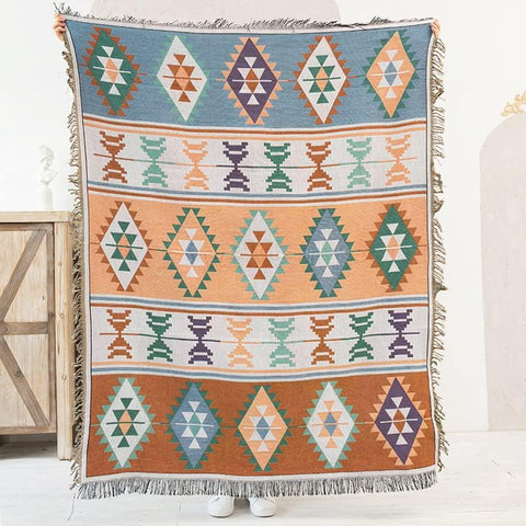 Aztec Cotton Knit Throw Blanket with Fringe
