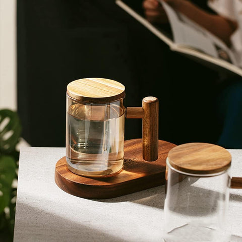 Borosilicate Glass Tea Cup - Wood Handle & Lid