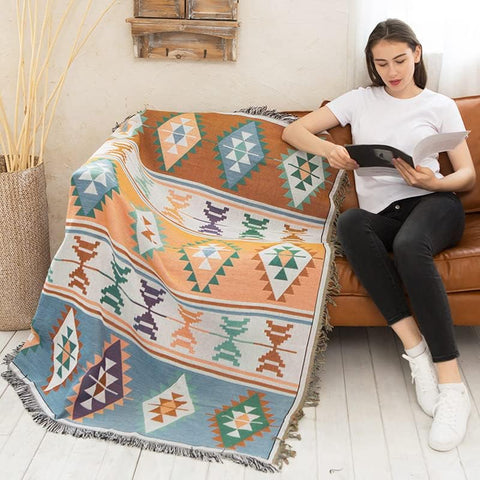 Aztec Cotton Knit Throw Blanket with Fringe