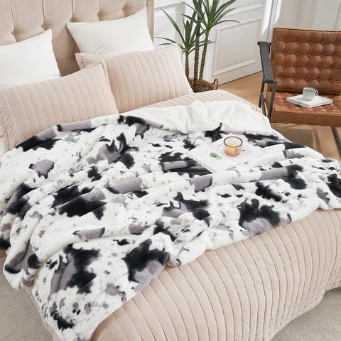 Cow Print Faux Fur Throw Blanket