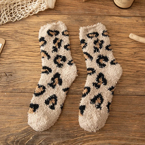 Leopard Fuzzy Plush Socks Women