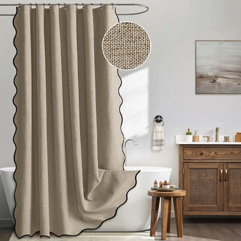 Scalloped Linen Bathroom Shower Curtain