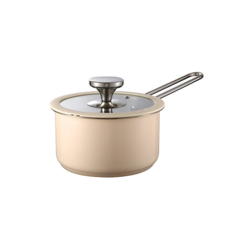 Beige saucepan with long handle and glass lid