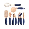 Set of kitchen utensils with blue handles on a white background