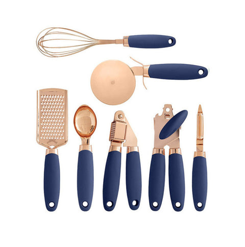 Set of kitchen utensils with blue handles on a white background