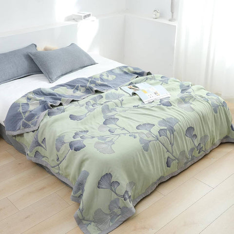 Cotton Quilt Blanket - Reversible Ginkgo Leaf Throw