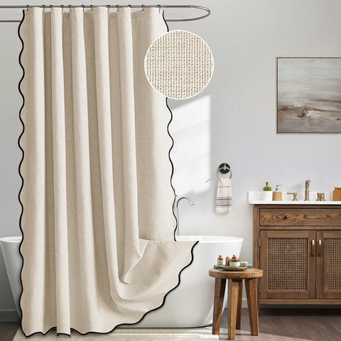 Scalloped Linen Bathroom Shower Curtain