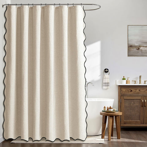 Scalloped Linen Bathroom Shower Curtain