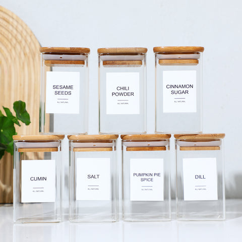 Glass Spice Jars with Labels - Airtight Bamboo Lid