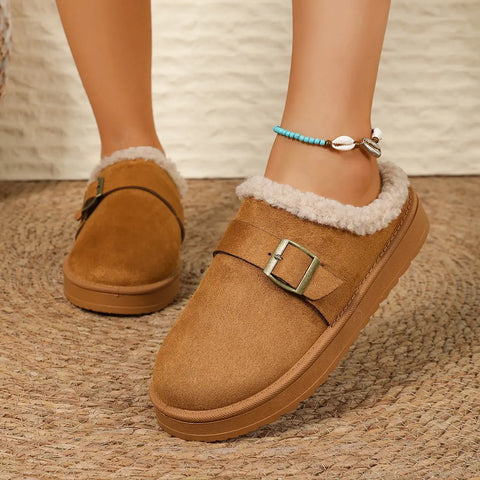 Women's Fleece Buckle Cotton Slippers