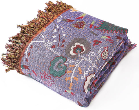 Vintage Cotton Gauze Blanket - Floral Couch Cover with Fringe