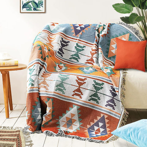 Aztec Cotton Knit Throw Blanket with Fringe