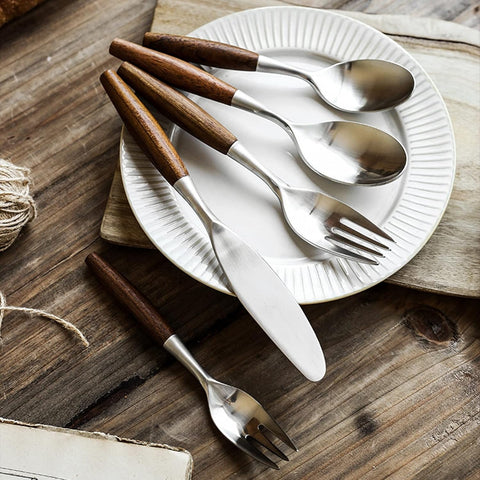 Wood Handle Flatware Set - 304 Stainless Steel Japanese Style
