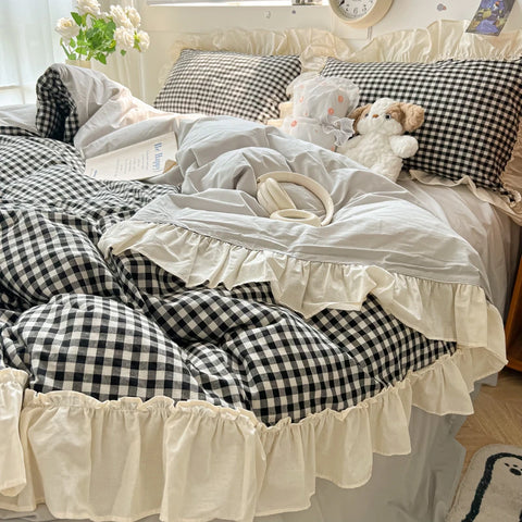 Ruffled Gingham Bedding Set 4PCS