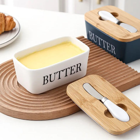 Ceramic Bamboo Butter Dish & Knife Set