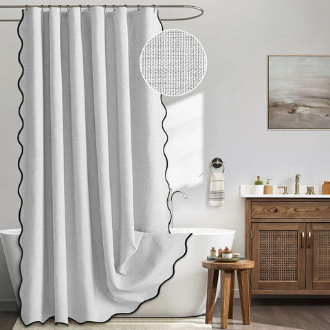 Scalloped Linen Bathroom Shower Curtain