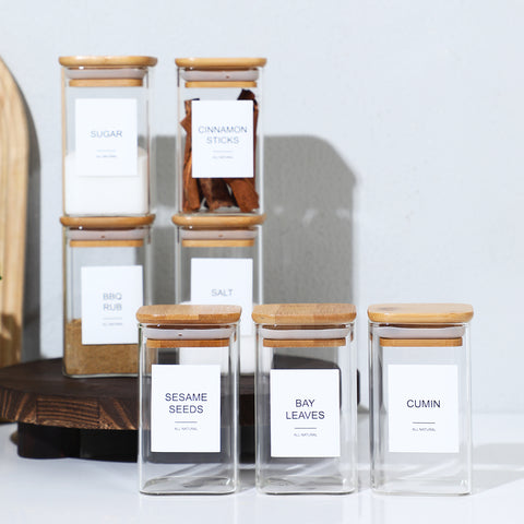 Glass Spice Jars with Labels - Airtight Bamboo Lid