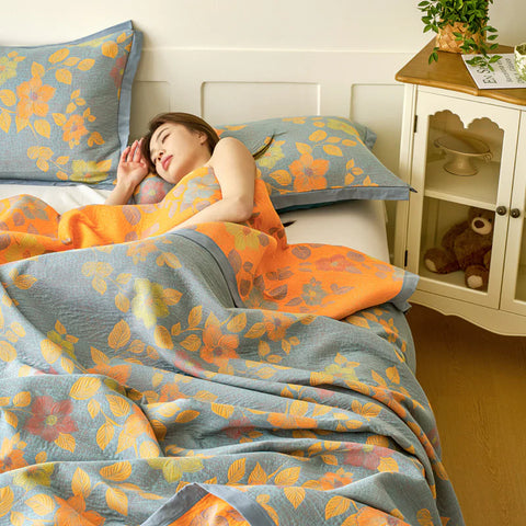 100% Cotton Quilt for Bed - Reversible with Leaf Floral Pattern