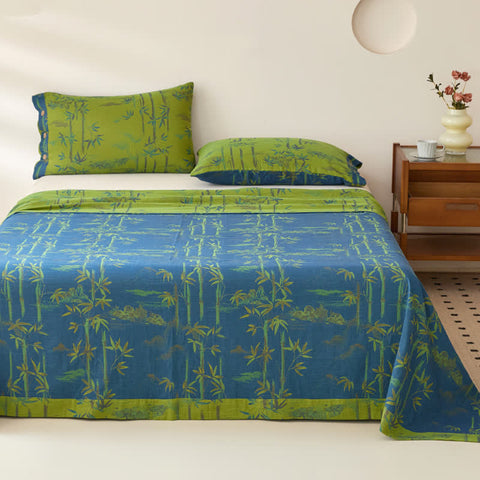 Bamboo Print Cotton Gauze Yarn-dyed Reversible Coverlet 1