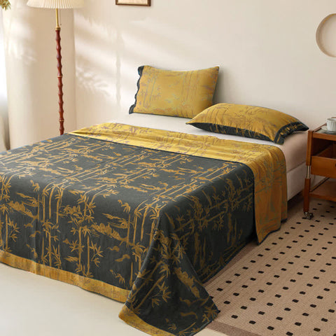 Bamboo Print Cotton Gauze Yarn-dyed Reversible Coverlet 3