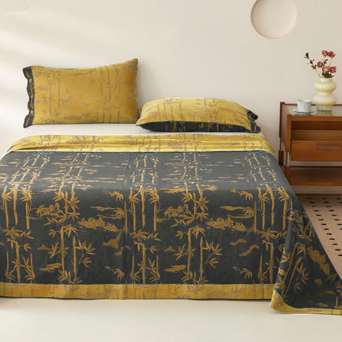Bamboo Print Cotton Gauze Yarn-dyed Reversible Coverlet 4