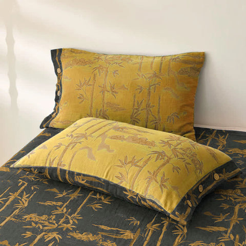 Bamboo Print Cotton Gauze Yarn-dyed Reversible Coverlet 5