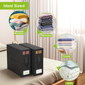 Black storage boxes with labeled sections for blankets, pillowcases, towels, and quilts on a bed.