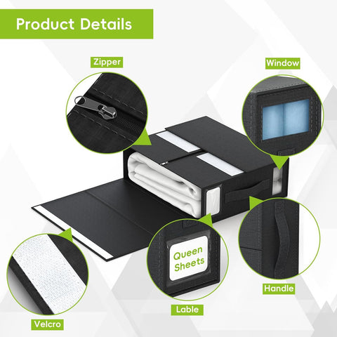 Black box containing white queen sheets with labeled features on a white background
