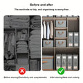 Before and after comparison of a closet with storage solutions, showing tidiness and organization.