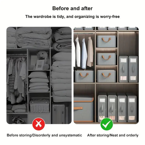 Before and after comparison of a closet with storage solutions, showing tidiness and organization.