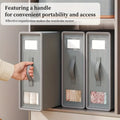 Gray storage bins with handles on a shelf, emphasizing portability and access.