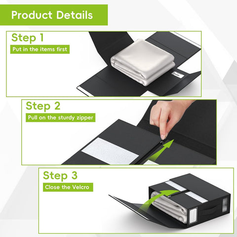 Step-by-step guide on using a black Bedding Storage Organizer Box Container
with white items inside, showing how to put items in, pull the zipper, and close the Velcro.