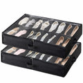 Black shoe storage bags with shoes inside on a white background