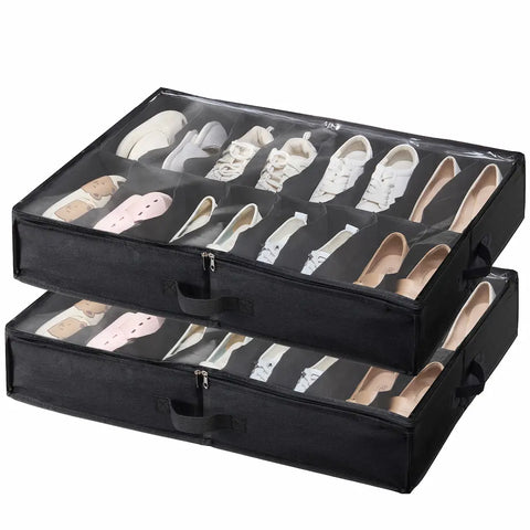 Black shoe storage bags with shoes inside on a white background