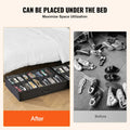 Before and after comparison of shoe storage under a bed.
