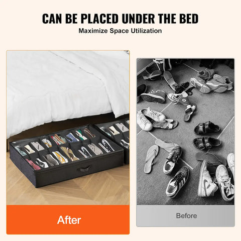 Before and after comparison of shoe storage under a bed.