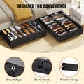 Black shoe storage drawers with open drawer showing organized shoes, labeled 'Designed for Convenience'.