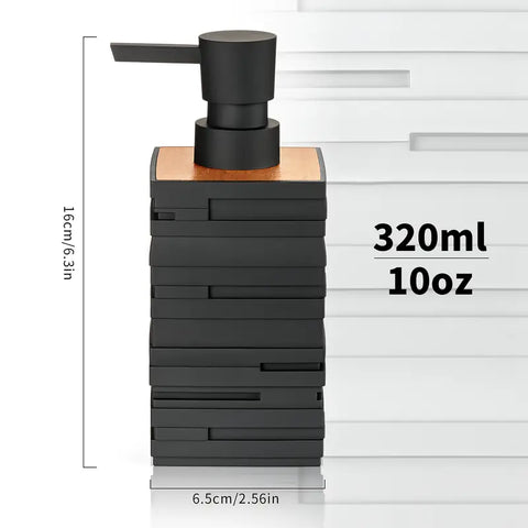 Black soap dispenser with measurements on a white background