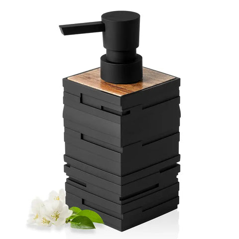 Black soap dispenser with wooden top on a white background