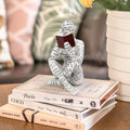 Decorative figure made of paper or fabric sitting on books with a blurred background