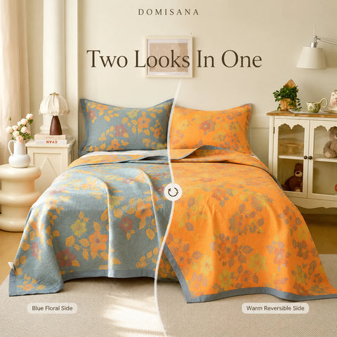 100% Cotton Quilt for Bed - Reversible with Leaf Floral Pattern