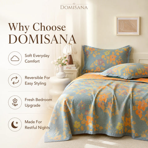 100% Cotton Quilt for Bed - Reversible with Leaf Floral Pattern