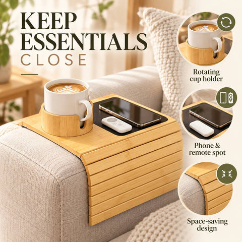 Bamboo Sofa Arm Tray with Rotating Cup Holder