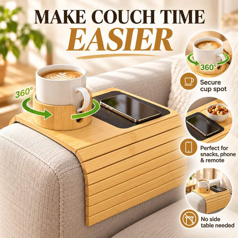 Bamboo Sofa Arm Tray with Rotating Cup Holder