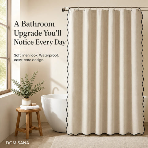 Scalloped Linen Bathroom Shower Curtain