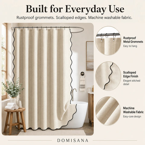 Scalloped Linen Bathroom Shower Curtain