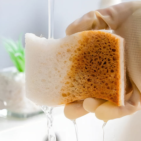 Scrubbing greasy plate with dual-layer eco sponge