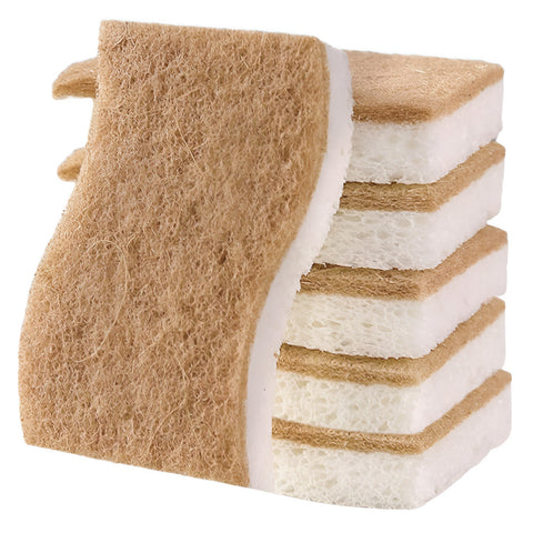 Stack of brown and white sponges on a white background